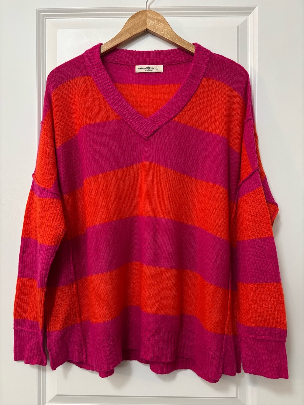 Natural Life Pink and Orange Striped Pullover V-Neck Sweater, Size S